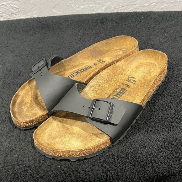 🔥🔥 BIRKENSTOCK Madrid Birko-Flor Black Leather Buckle Sandals Women/Men Sz 41 - Picture 1 of 11